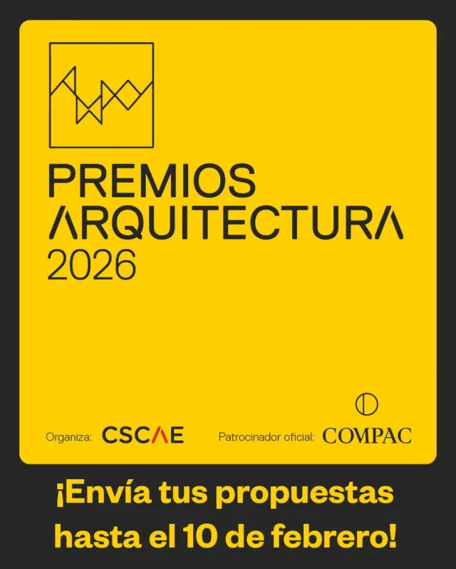 El CSCAE ha convocado la 5ª edición de los Premios ARQUITECTURA, que tienen como objeto difundir y acercar a la sociedad los valores sociales y culturales de la Arquitectura, y reconocer la excelencia profesional.  ÁMBITOS DE ACTUACIÓN PROFESIONAL  → Edificación → Planeamiento urbano y territorial → Planificación estratégica → Paisaje → Espacio público → Regeneración urbana → Arquitecturas mínimas → Arquitecturas efímeras → Interiorismo → Escenografía → Diseño de producto→ Innovación → Divulgación y → Divulgación.  PREMIOS  Los Premios ARQUITECTURA comprenden seis distinciones basadas en valores universales, sociales y culturales:  → Premio Sostenibilidad y Salud  → Premio Nueva Bauhaus  → Premio Compromiso  → Premio Profesión  → Premio Hábitat  → Premio Rehabilitación  y tres reconocimientos especiales:  → Premio de Arquitectura Española  → Premio de Urbanismo Español  → Premio a la Permanencia  PARTICIPACIÓN  La convocatoria está abierta a obras y trabajos realizados en España y en el extranjero por arquitectas y arquitectos (y por equipos dirigidos por arquitectas y arquitectos) colegiados en España. Los trabajos que no requieran colegiación para su desarrollo deberán estar dirigidos por titulados y tituladas en Arquitectura.  El ámbito temporal establecido para las obras y trabajos que concurran a los Premios Arquitectura es del 1 de enero de 2025 al 31 de diciembre de 2025, excepto los presentados al Premio a la Permanencia, en cuyo caso deberán haber sido realizados entre el 1 de enero y el 31 de diciembre de 2005, y para los trabajos de urbanismo cuya aprobación definitiva esté comprendida entre el 1 de enero del año 1996 y el 31 de diciembre del año 2005.  Podrán presentar propuestas:  ·  Arquitectas y arquitectos colegiados, pudiendo ser las obras presentadas propias o de terceros, en cuyo caso estos también deberán estar colegiados  ·  Escuelas Técnicas Superiores de Arquitectura  ·  Organizaciones sociales o culturales  ·  Distintos órganos de las Administraciones Públicas  El plazo de presentación de propuestas finalizará el 10 de febrero de 2026.  →INFORMACIÓN | BASES | INSCRIPCIONES: www.premiosarquitectura.org