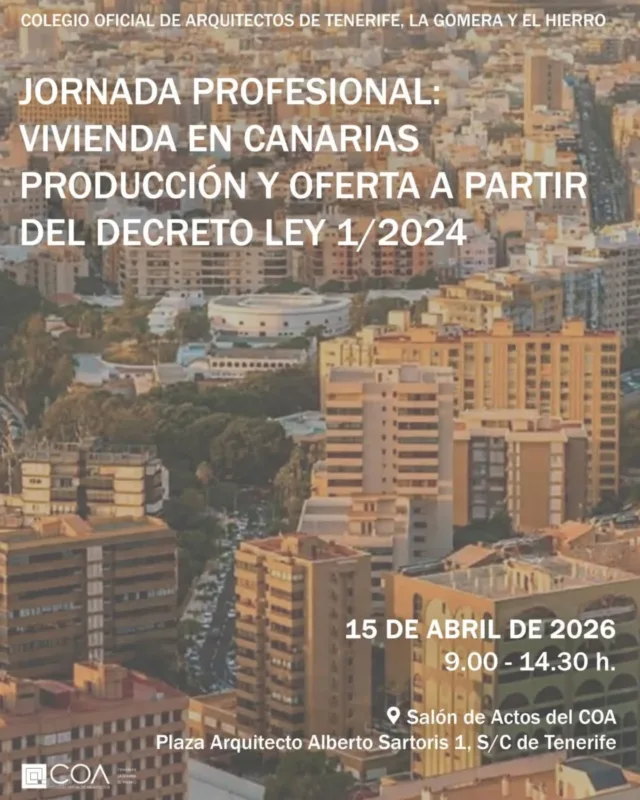 🏡 Jornada Profesional: Vivienda en Canarias, producción y oferta a partir del Decreto Ley 1/2024  El Colegio Oficial de Arquitectos de Tenerife, La Gomera y El Hierro organiza esta jornada profesional con el objetivo de conocer y analizar el recorrido legislativo y la evaluación de los resultados del Decreto Ley 1/2024, así como debatir sobre los objetivos y la aplicación del Plan de Vivienda 2025-2030.  Durante el encuentro se abordarán cuestiones clave como los instrumentos económico-financieros y medidas fiscales para incentivar la producción de vivienda, la gestión del suelo finalista, el papel de las empresas públicas y la complejidad de los procesos administrativos.  Asimismo, se pondrán sobre la mesa las dificultades actuales del sector: el incremento de los costes de construcción, la escasez de mano de obra, las trabas municipales o la necesidad de incorporar sistemas constructivos más ágiles.
Una jornada para analizar en profundidad la situación de la vivienda en Canarias y los retos para avanzar hacia soluciones eficaces.  Inscripciones en la web de @coa_tgh  #COATGH #Arquitectura #Vivienda #Canarias #Urbanismo Construccion Tenerife