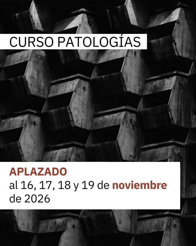 Desde la Vocalía de Asuntos Profesionales del Colegio Oficial de Arquitectos de Lanzarote, queremos informarles de que el curso de PATOLOGÍAS EN ESTRUCTURAS DE HORMIGÓN será aplazado a los días 16, 17, 18 y 19 de noviembre por motivos personales del docente.  Tras consultar con los alumnos ya inscritos para conocer sus preferencias, hemos tomado la decisión de posponerlo con el objetivo de poder mantener la modalidad presencial. Asimismo, les comunicamos la reapertura del plazo de inscripción hasta el 30 de octubre de 2026.  Aquellas personas ya inscritas a las que no les resulten conveniente las nuevas fechas, podrán solicitar la devolución del importe de la matrícula escribiendo al correo de la secretaría de nuestro Colegio (dpto_secretaria@coa-lz.com).  Lamentamos profundamente las molestias que este cambio de fechas les haya podido ocasionar. Agradecemos de antemano su comprensión y esperamos poder contar con su participación en esta nueva convocatoria.  En función del número final de participantes inscritos, habilitaremos un espacio alternativo a la sala de nuestra sede del Colegio Oficial de Arquitectos de Lanzarote para la celebración del curso. Indicaremos el emplazamiento a finales del mes de octubre, el cual será previsiblemente en Arrecife  Recordamos que el Colegio Oficial de Arquitectos de Lanzarote subvencionará a sus colegiados, para que el importe de la matrícula sea de 30€ (I.G.I.C incluido) para colegiados del COALZ y de 60€ (I.G.I.C incluido) para los no colegiados.  El abono deberá realizarse mediante ingreso en la siguiente cuenta bancaria BANKINTER:  ES15 0128 0820 5701 0005 0567.  De este modo, y en aras de continuar con nuestra oferta formativa, te invitamos a participar y asistir a este curso cuyo aforo es limitado.  PROGRAMA (DETALLADO EN LA WEB DEL COALZ)
