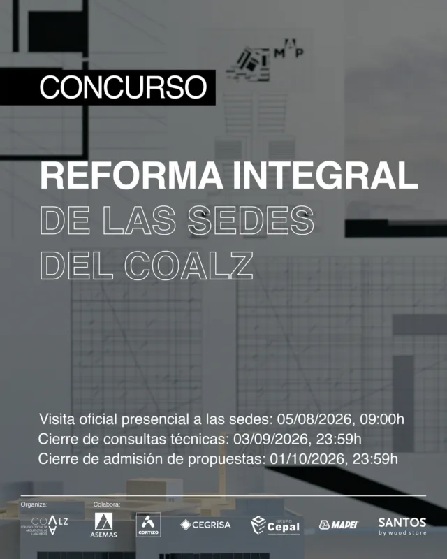 En nombre de la Junta de Gobierno del Colegio Oficial de Arquitectos de Lanzarote tengo el placer de convocar el Concurso entre los colegiados del COALZ denominado << CONCURSO BAJO LEMA, EN UNA FASE, CON INTERVENCIÓN DE JURADO, PARA LA REDACCIÓN DE PROYECTO Y DIRECCIÓN DE OBRA PARA LA REFORMA INTEGRAL DE LAS SEDES DEL COLEGIO DE ARQUITECTOS DE LANZAROTE (COALZ), SITAS EN LA CALLE RUPERTO GONZÁLEZ NEGRÍN Nº 10, 3º D Y CALLE LA PORRA Nº 25 DE ARRECIFE.>>, orientado a la planificación de nuestro futuro como colegio en las dos sedes colegiales actuales (Sede principal + Sede cultural), donde se pretende desarrollar nuestra actividad con versatilidad, calidad y atención al arquitecto, cliente y sociedad.  Se les anima a participar en este concurso de ideas con jurado, con la ilusión tremenda para conformar una estructura colegial que permita atender las necesidades presentes y futuras de nuestra institución. Es una oportunidad para mostrar la calidad y profesionalidad de nuestros arquitectos y al mismo tiempo para crecer en servicios y como institución en la isla.  La documentación relativa al concurso se facilita a través del siguiente enlace de descarga habilitado al efecto:  https://drive.google.com/drive/folders/18QohBsIRWoyY3wEtyEfEkwJ2ePznORzE?usp=sharing  La presentación de propuestas se debe realizar a través del programa ARQUIGES, indicando <<CONCURSO SEDES COALZ>>, aportando el formulario de inscripción relleno y firmado, junto a la documentación recogida en las bases.