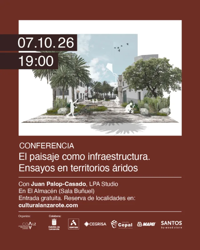 El miércoles 07 de octubre, a las 19:00 contaremos con una CONFERENCIA “El paisaje como infraestructura. Ensayos en territorios áridos” impartida por Juan Palop-Casado, quien nos hablará de cómo el marco de la sostenibilidad nos invita a avanzar desde grandes sistemas centralizados hacia modelos más distribuidos para la gestión del agua, la energía, los residuos y otros recursos urbanos y ecológicos. Indaga en la oportunidad de transformar el paisaje en infraestructura y las infraestructuras en paisaje.  Juan Palop-Casado es arquitecto y urbanista con posgrado por la Universidad de Harvard y auditor certificado BREEAM, dirige LPA Studio enfocado en el desarrollo de estrategias de urbanismo regenerativo. Reúne una larga trayectoria en el diseño de paisajes, infraestructuras y planes maestros que integran soluciones ecológicas. Su obra ha sido reconocida y premiada en convocatorias internacionales e incluye intervenciones de regeneración litoral, equipamientos deportivos, sedes corporativas y espacios públicos de alta exigencia ambiental tales como el proyecto Arrecife Capital de la Biosfera, el Desarrollo Integral del Frente Marítimo de Las Palmas, o más recientemente, el Plan Maestro de Recinto Ferial de Gran Canaria.  ENTRADA GRATUITA. Para asistir a las conferencias, tanto del miércoles 07, como del viernes 09 de octubre, deben adquirir las entradas a través de la página web: www.culturalanzarote.com