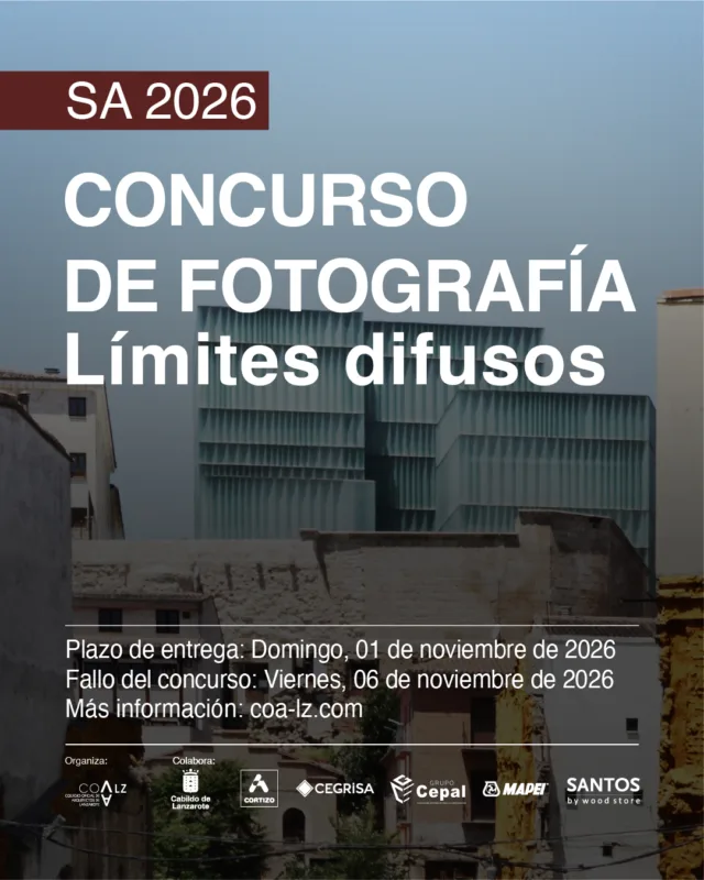 Les informamos de la publicación en la página web del COALZ, del “CONCURSO DE FOTOGRAFÍA – LÍMITES DIFUSOS”, comisariado por nuestro Colegio Oficial de Arquitectos de Lanzarote, el cual se fallará el viernes, 06 de noviembre de 2026, coincidiendo con una charla preparada por el COALZ con motivo del Día Mundial del Urbanismo.  Desde el Colegio Oficial de Arquitectos de Lanzarote queremos invitar a todos nuestros Colegiados/as a participar en este concurso público. Para ampliar esta información pueden dirigirse a la documentación de nuestra página web: www.coa-lz.com, o ponerse en contacto con el colegio a través del correo electrónico: vocal@coa-lz.com
